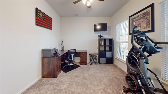 office space featuring carpet, ceiling fan, and baseboards