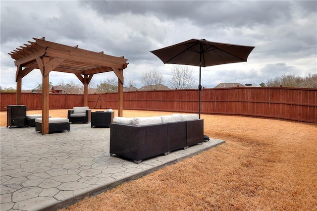 exterior space with a pergola, a fenced backyard, and an outdoor hangout area