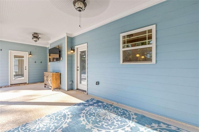 bedroom with light carpet, ceiling fan, ornamental molding, and access to outside