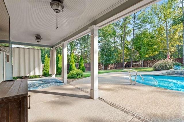 view of pool featuring a patio area, a fenced backyard, and a fenced in pool