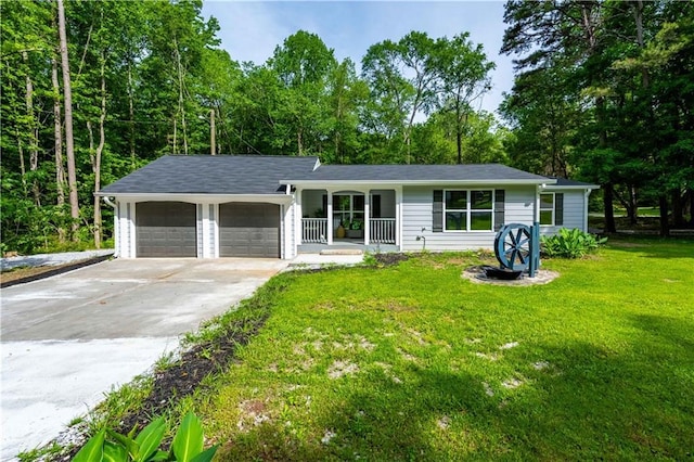 ranch-style house with a garage, covered porch, and a front lawn