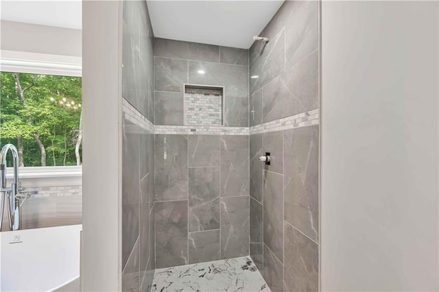 bathroom with tiled shower and a wealth of natural light