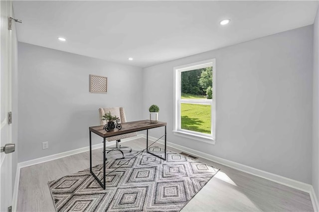 office featuring plenty of natural light and light hardwood / wood-style floors