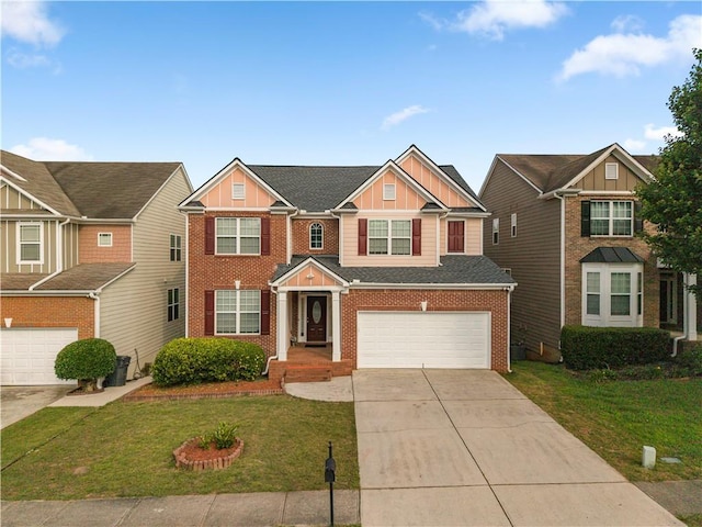 3460 Drayton Manor Run, Lawrenceville, GA 30046 - view of front facade with an attached garage, board and batten siding, driveway, brick siding, and a front yard