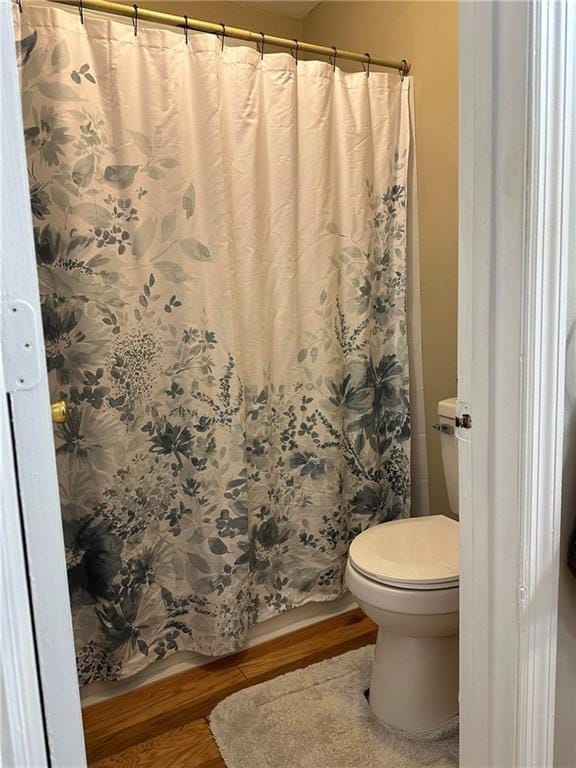 bathroom with hardwood / wood-style flooring and toilet