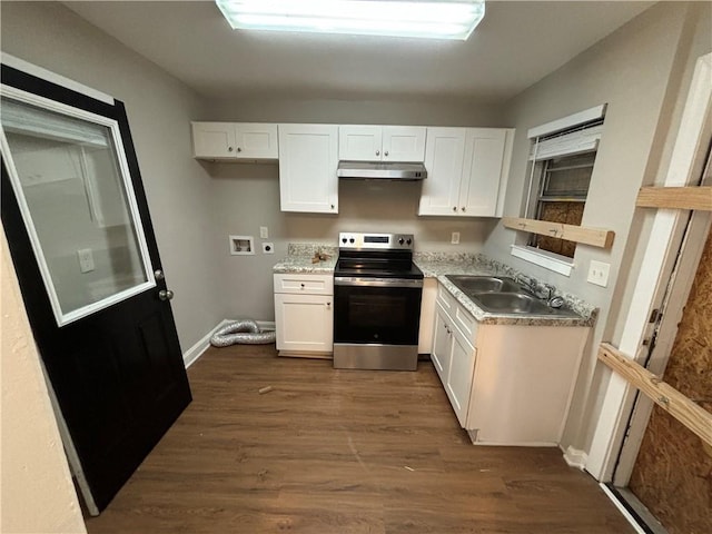 kitchen featuring white cabinetry, stainless steel electric range, dark hardwood / wood-style floors, and sink