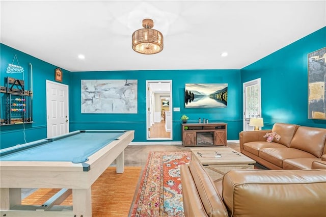 recreation room featuring wood finished floors, pool table, baseboards, and recessed lighting