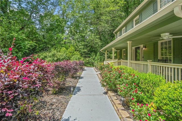 view of yard with a porch and ceiling fan