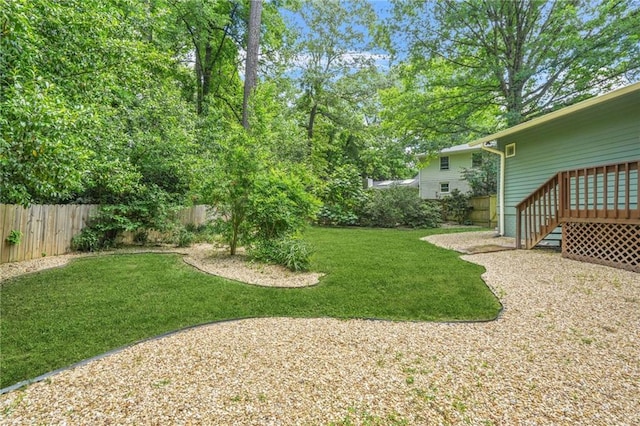 view of yard with a fenced backyard and a wooden deck