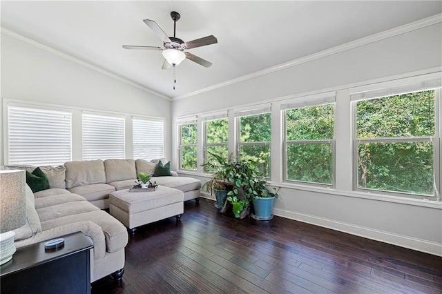 176 Red Wood Dr, Dallas, GA 30132 - living room with baseboards, dark wood-type flooring, ceiling fan, and vaulted ceiling