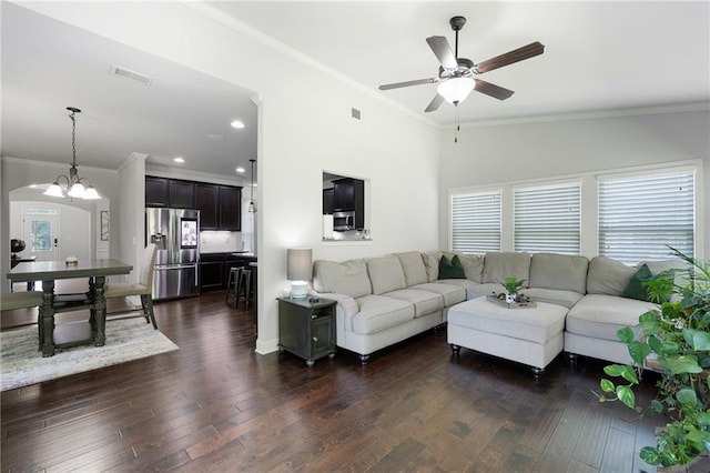 176 Red Wood Dr, Dallas, GA 30132 - living room with visible vents, ornamental molding, ceiling fan, and dark wood-style floors