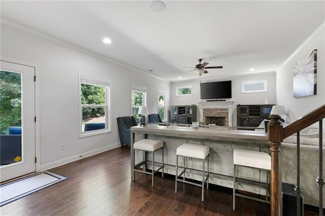 176 Red Wood Dr, Dallas, GA 30132 - living room with crown molding, a fireplace, a ceiling fan, and recessed lighting