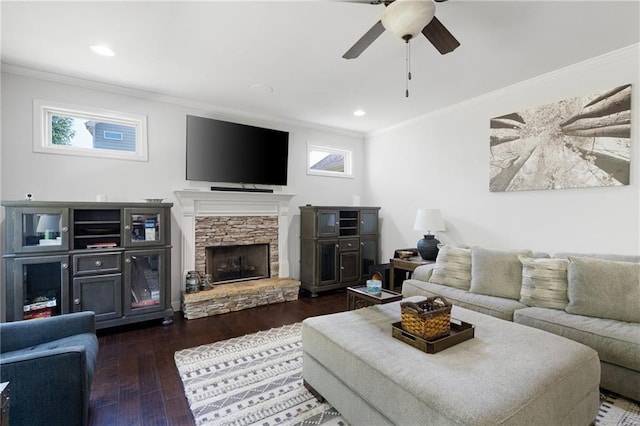 176 Red Wood Dr, Dallas, GA 30132 - living area with ceiling fan, a fireplace, dark wood-style floors, ornamental molding, and recessed lighting