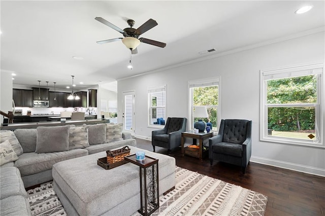 176 Red Wood Dr, Dallas, GA 30132 - living area with ornamental molding, dark wood-style flooring, baseboards, ceiling fan, and recessed lighting