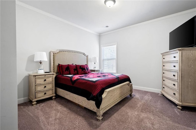 176 Red Wood Dr, Dallas, GA 30132 - bedroom with baseboards, ornamental molding, dark colored carpet, and visible vents