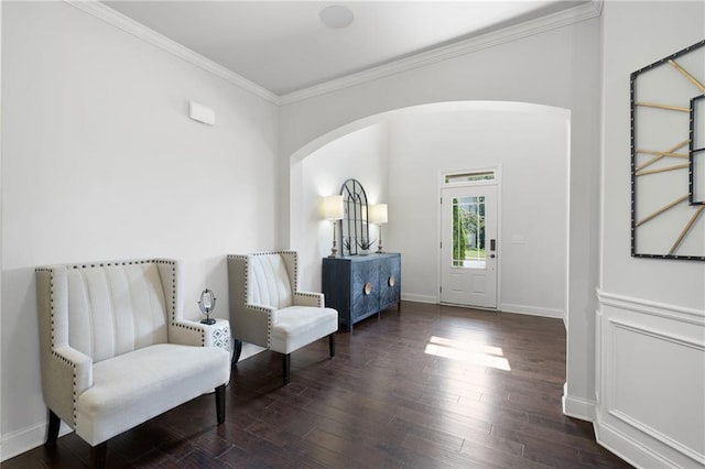 176 Red Wood Dr, Dallas, GA 30132 - living area with arched walkways, baseboards, ornamental molding, and wood finished floors