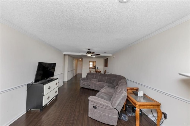 living room with ceiling fan, ornamental molding, dark hardwood / wood-style floors, and a textured ceiling