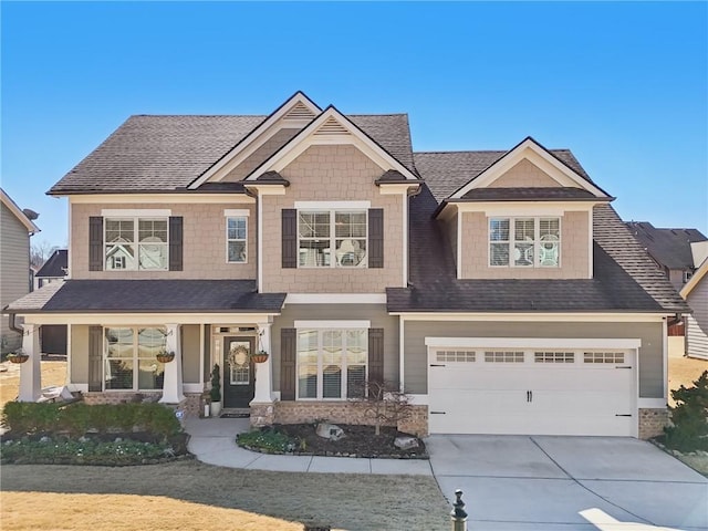 craftsman-style home with a porch, a garage, and a front yard