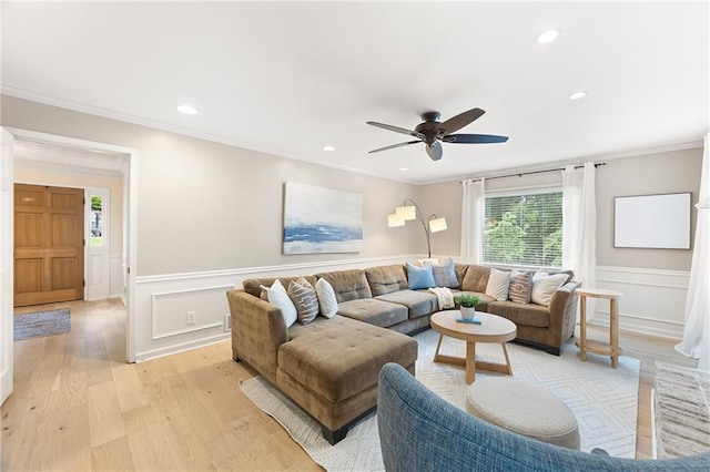 4522 Reva Ct NE, Marietta, GA 30066 - living area with a ceiling fan, ornamental molding, light wood-type flooring, a wainscoted wall, and recessed lighting