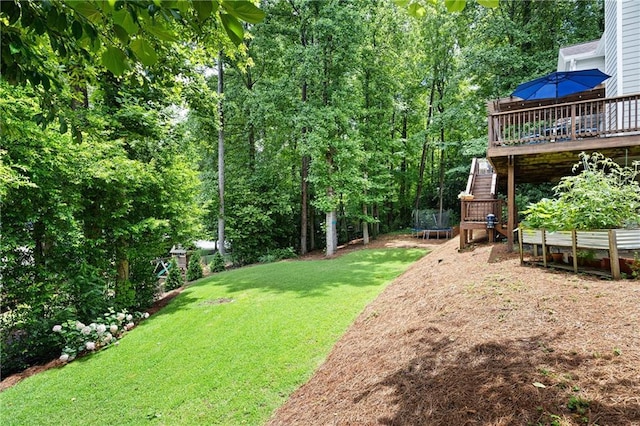 4522 Reva Ct NE, Marietta, GA 30066 - view of green lawn with a trampoline and a wooden deck