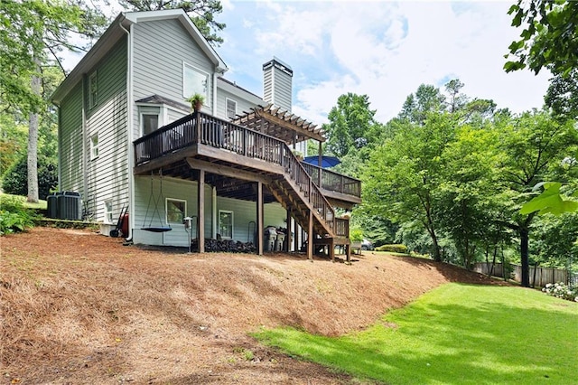 4522 Reva Ct NE, Marietta, GA 30066 - rear view of property featuring a wooden deck, a pergola, a chimney, and stairway