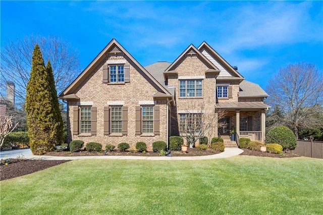 view of front of house with covered porch, a front lawn, fence, and brick siding