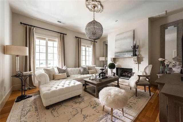 living room featuring a premium fireplace and wood-type flooring