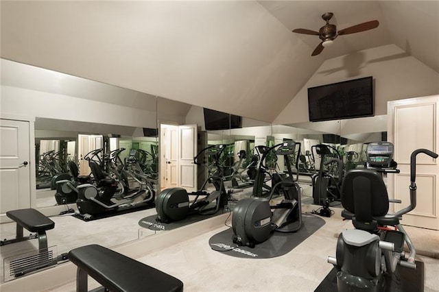 workout area with ceiling fan, light carpet, and vaulted ceiling