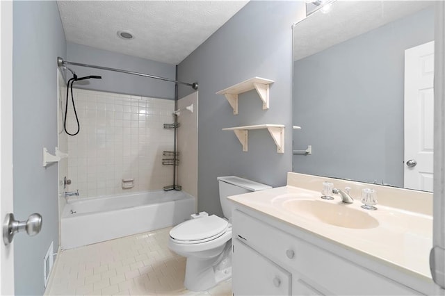 2865 Bryant Ct, Cumming, GA 30040 - bathroom featuring toilet, vanity, shower / bathtub combination, a textured ceiling, and tile patterned floors
