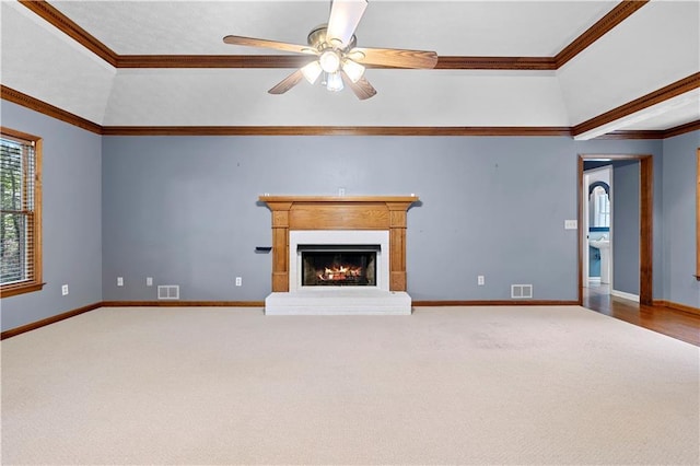 2865 Bryant Ct, Cumming, GA 30040 - unfurnished living room with carpet floors, crown molding, a brick fireplace, ceiling fan, and baseboards