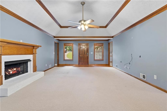 2865 Bryant Ct, Cumming, GA 30040 - unfurnished living room with ornamental molding, carpet flooring, ceiling fan, lofted ceiling, and a fireplace