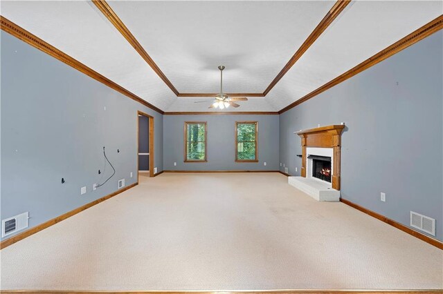 2865 Bryant Ct, Cumming, GA 30040 - unfurnished living room featuring a fireplace, crown molding, light carpet, baseboards, and a ceiling fan