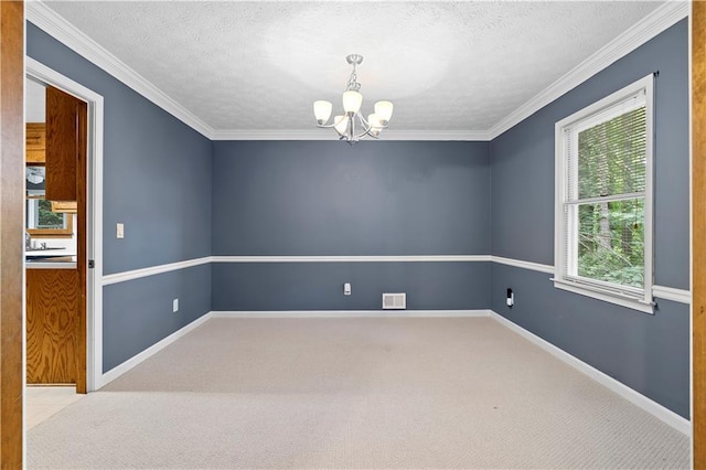 2865 Bryant Ct, Cumming, GA 30040 - empty room with a chandelier, carpet floors, ornamental molding, a textured ceiling, and baseboards