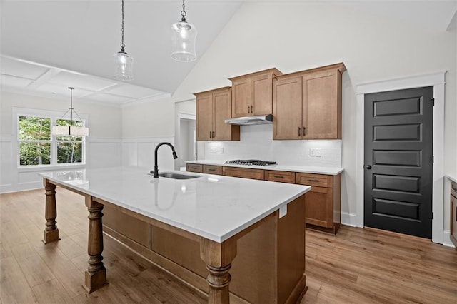 130 W Lake Blvd, Carrollton, GA 30116 - kitchen with a sink, light wood-type flooring, a kitchen island with sink, a kitchen bar, and decorative light fixtures