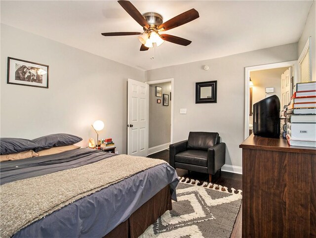 bedroom featuring ceiling fan and dark wood-type flooring