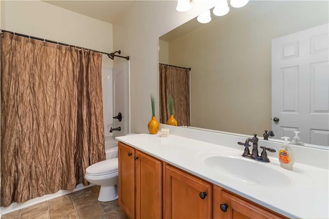 full bathroom with vanity, toilet, and shower / tub combo with curtain