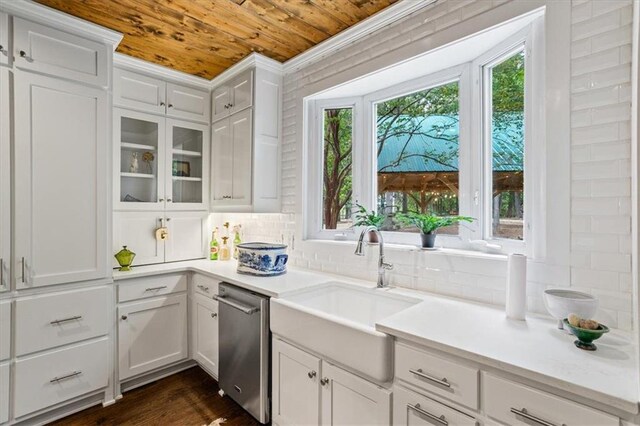 kitchen featuring sink, wood ceiling, dishwasher, white cabinetry, and tasteful backsplash