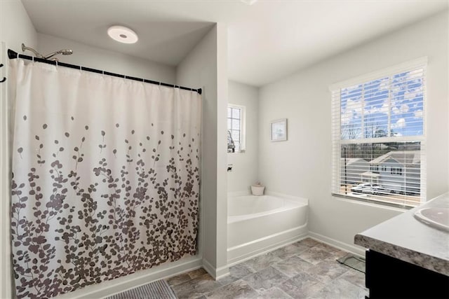 full bath featuring curtained shower, a garden tub, vanity, and baseboards