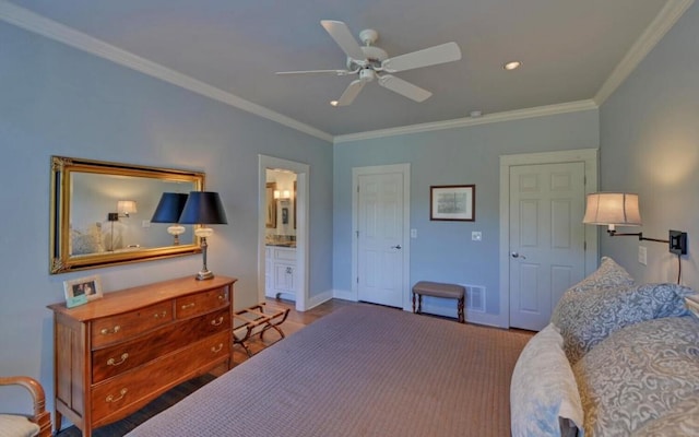 126 Jenkins Cir, Lakemont, GA 30552 - carpeted bedroom featuring crown molding, a ceiling fan, and ensuite bath