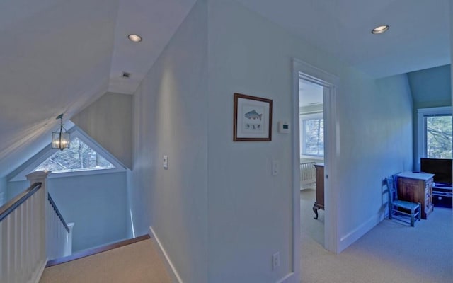 126 Jenkins Cir, Lakemont, GA 30552 - hallway with an upstairs landing, carpet floors, recessed lighting, and lofted ceiling