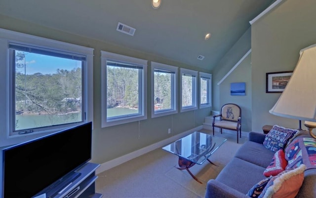 126 Jenkins Cir, Lakemont, GA 30552 - living area with carpet, lofted ceiling, and recessed lighting
