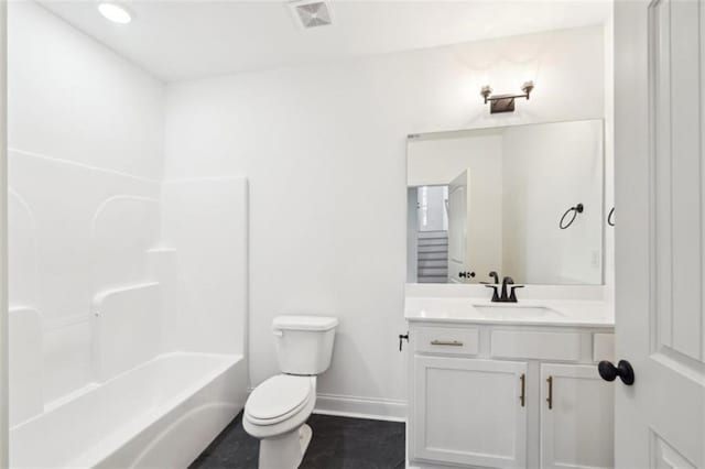 full bath featuring visible vents, vanity, bathing tub / shower combination, toilet, and baseboards