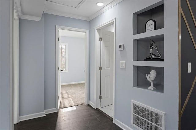 1931 Selwyn Dr, Decatur, GA 30035 - corridor with crown molding, dark wood-style flooring, baseboards, and built in features