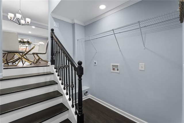 1931 Selwyn Dr, Decatur, GA 30035 - stairs featuring ornamental molding, a chandelier, wood finished floors, baseboards, and recessed lighting