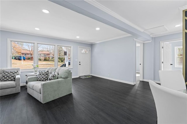 1931 Selwyn Dr, Decatur, GA 30035 - living area featuring dark wood-style floors, recessed lighting, baseboards, and crown molding