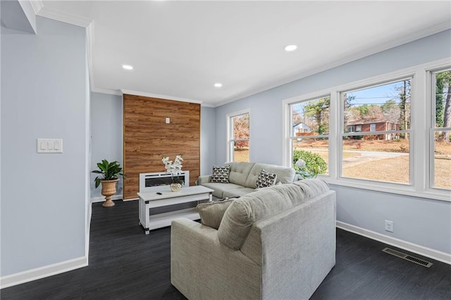 1931 Selwyn Dr, Decatur, GA 30035 - living area featuring recessed lighting, baseboards, crown molding, and dark wood-style flooring