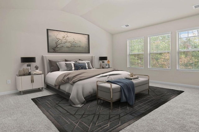 bedroom featuring carpet, lofted ceiling, and multiple windows