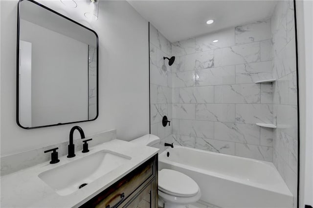 bathroom featuring recessed lighting, toilet, vanity, and shower / tub combination