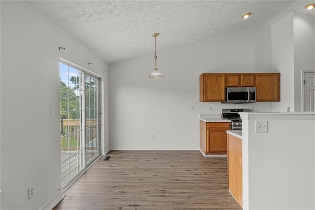 1910 Towne Park Dr, Mcdonough, GA 30252 - kitchen featuring stainless steel appliances, brown cabinets, a textured ceiling, lofted ceiling, and wood finished floors