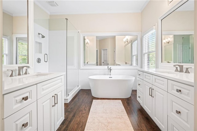 bathroom featuring ornamental molding, hardwood / wood-style floors, and a healthy amount of sunlight